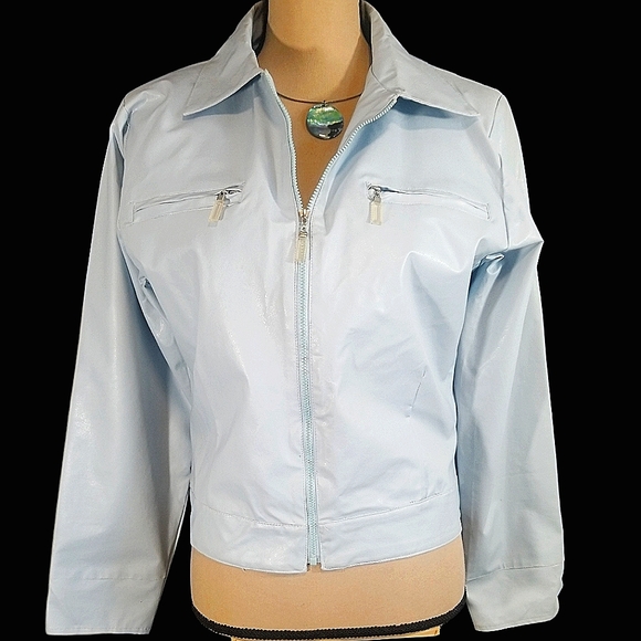 Judy Collection Faux Leather Light Baby Blue Zippered Jacket. M - Picture 1 of 12